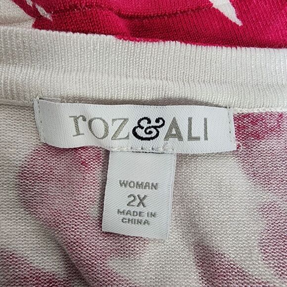 Roz & Ali Womens Cardigan Sweater Size 2X White Pink Floral Button Up 3/4 Sleeve - Picture 7 of 9